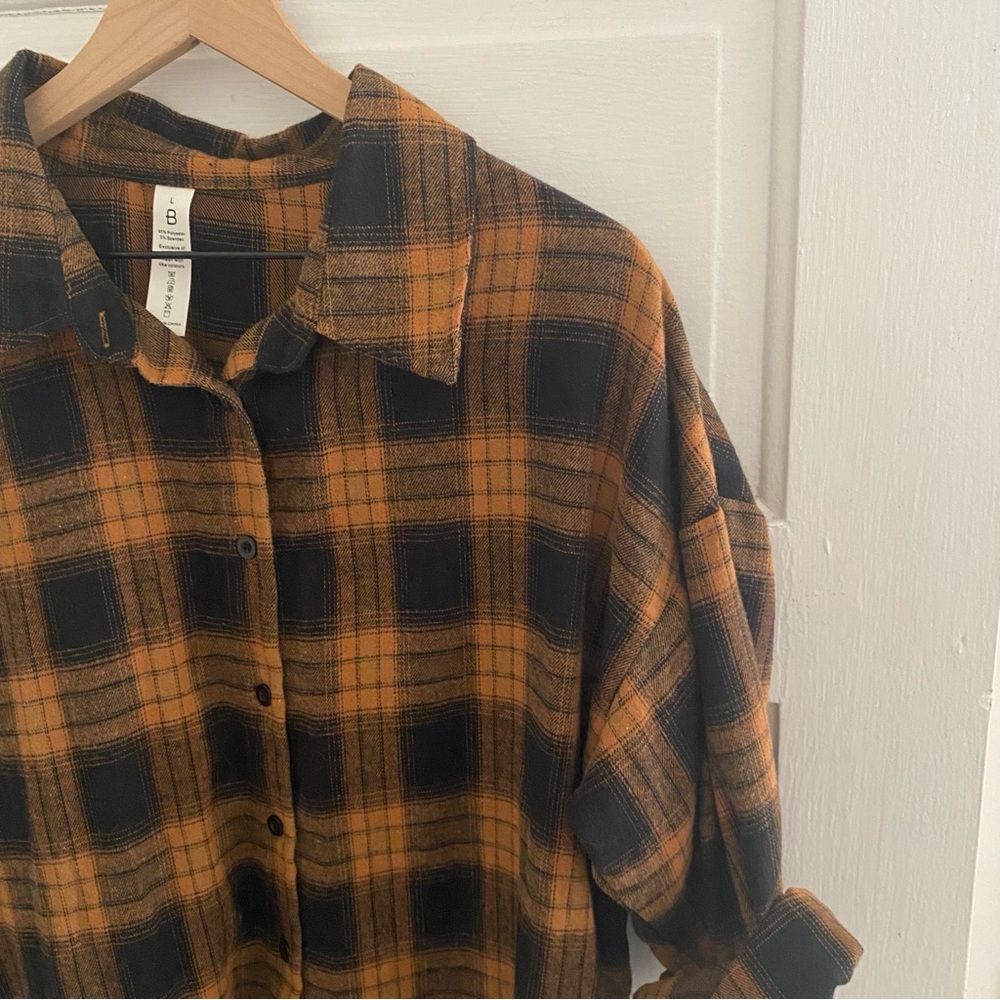 Black orange plaid oversized flannel shirt dress size l large - Picture 3 of 4